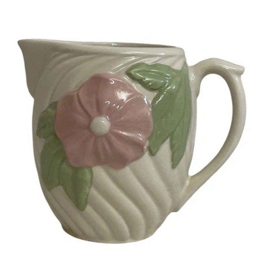 Vintage American Bisque Pink Flower Floral Pitcher